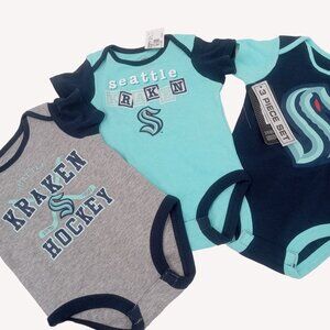 Kraken Seattle Hockey NHL Infant Bodysuit One Piece Lot 3 New 0 3 Month Baby